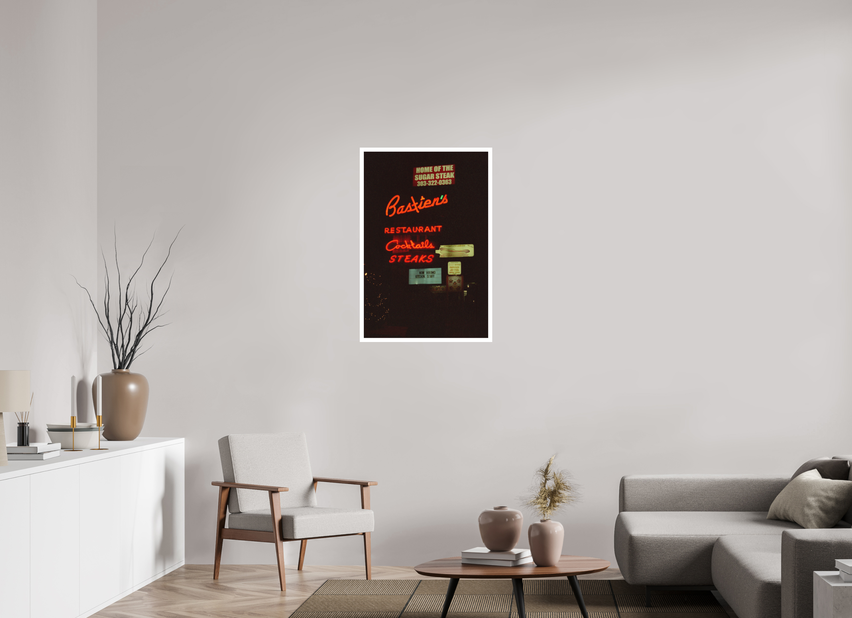 24 x 36″, Hahnemuhle Ultra Smooth Paper Bastien’s Restaurant Neon Lights Photo Master-print