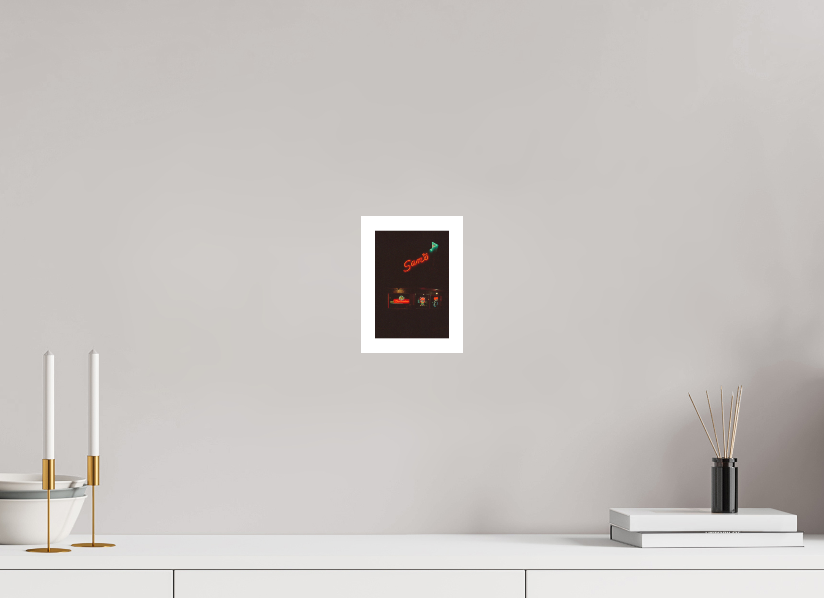 4 x 5.9″, Hahnemuhle Ultra Smooth Paper Sam’s Bar and Lounge Neon Lights Photo Master-print