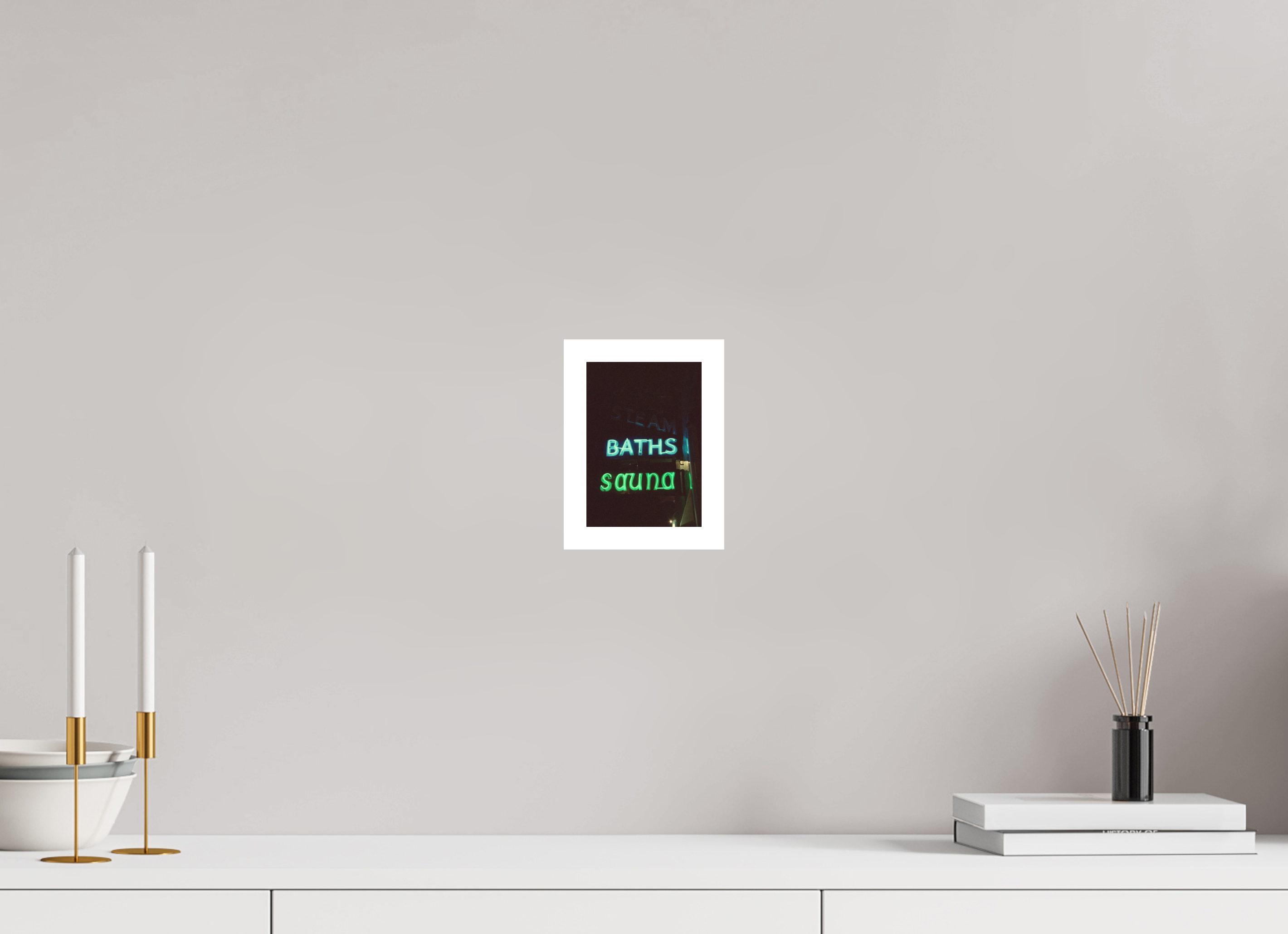 4 x 5.7″, Hahnemuhle Ultra Smooth Paper Lake Steam Baths Neon Lights Photo Masterprint