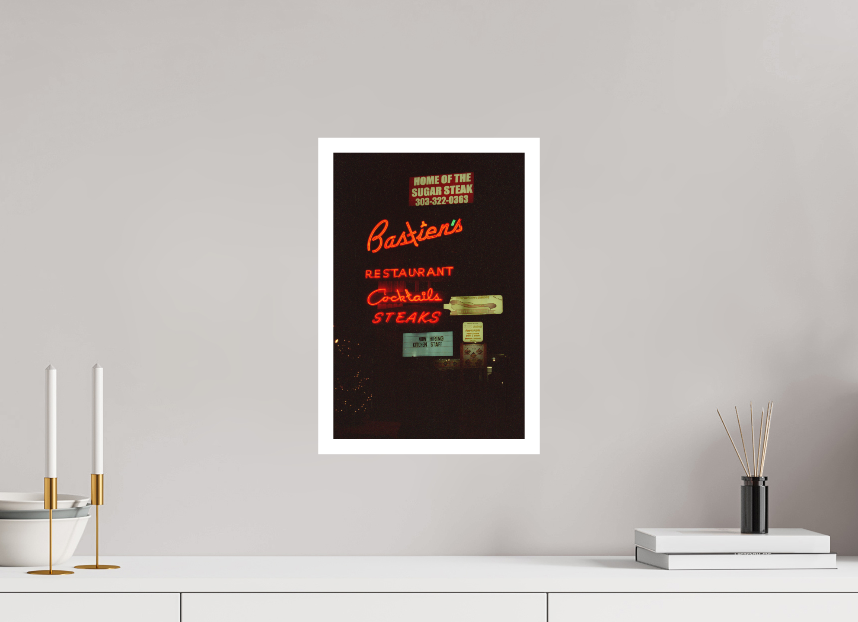 10 x 15″, Hahnemuhle Ultra Smooth Paper Bastien’s Restaurant Neon Lights Photo Master-print