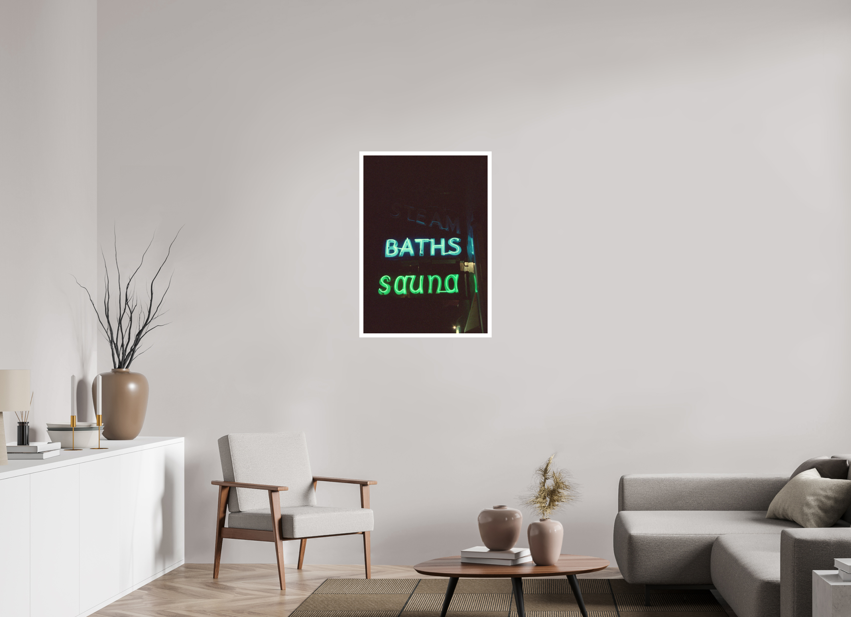 24 x 34.4″, Hahnemuhle Ultra Smooth Paper Lake Steam Baths Neon Lights Photo Masterprint