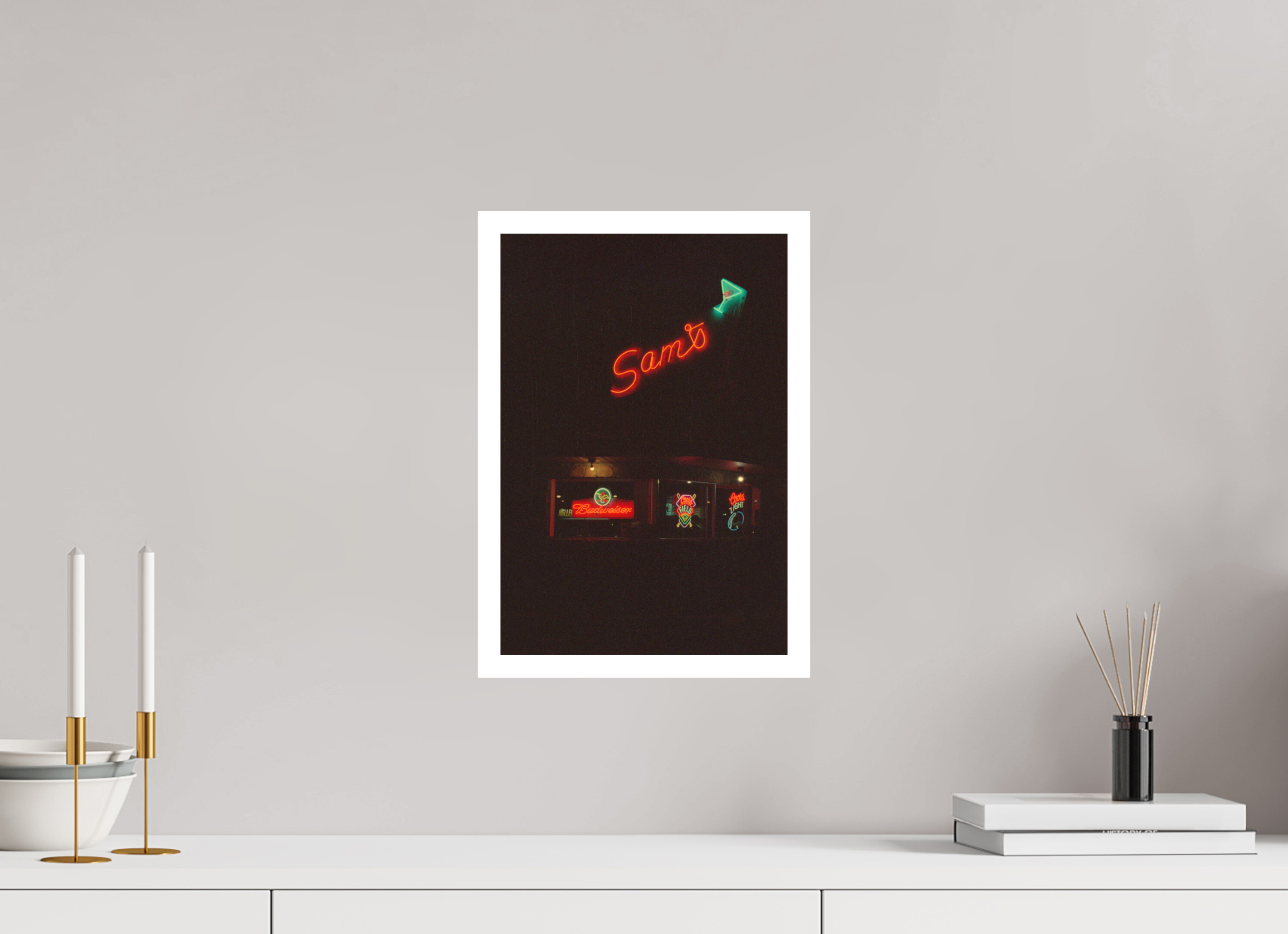 10 x 14.7″, Hahnemuhle Ultra Smooth Paper Sam’s Bar and Lounge Neon Lights Photo Master-print
