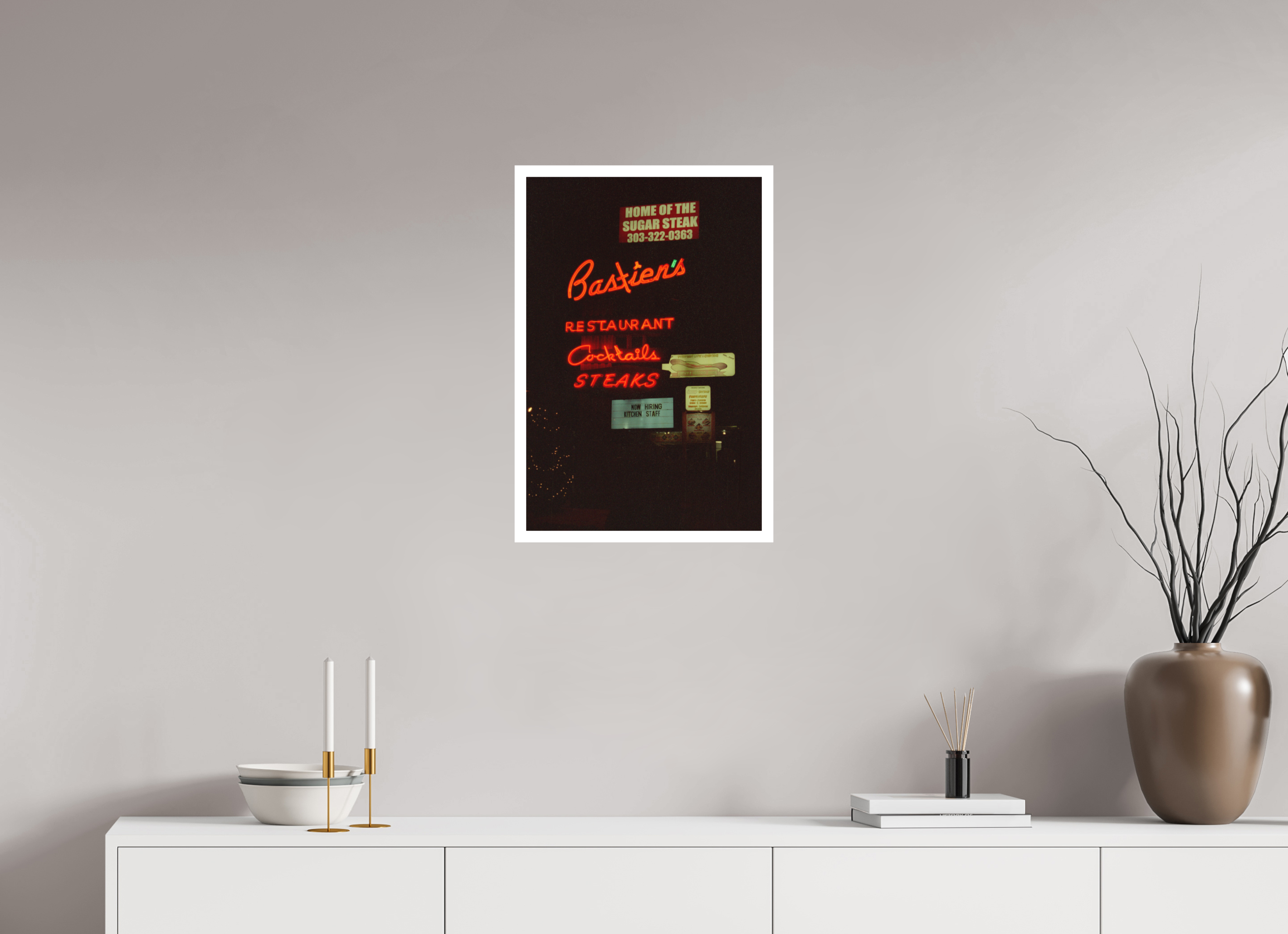 16 x 24″, Hahnemuhle Ultra Smooth Paper Bastien’s Restaurant Neon Lights Photo Master-print