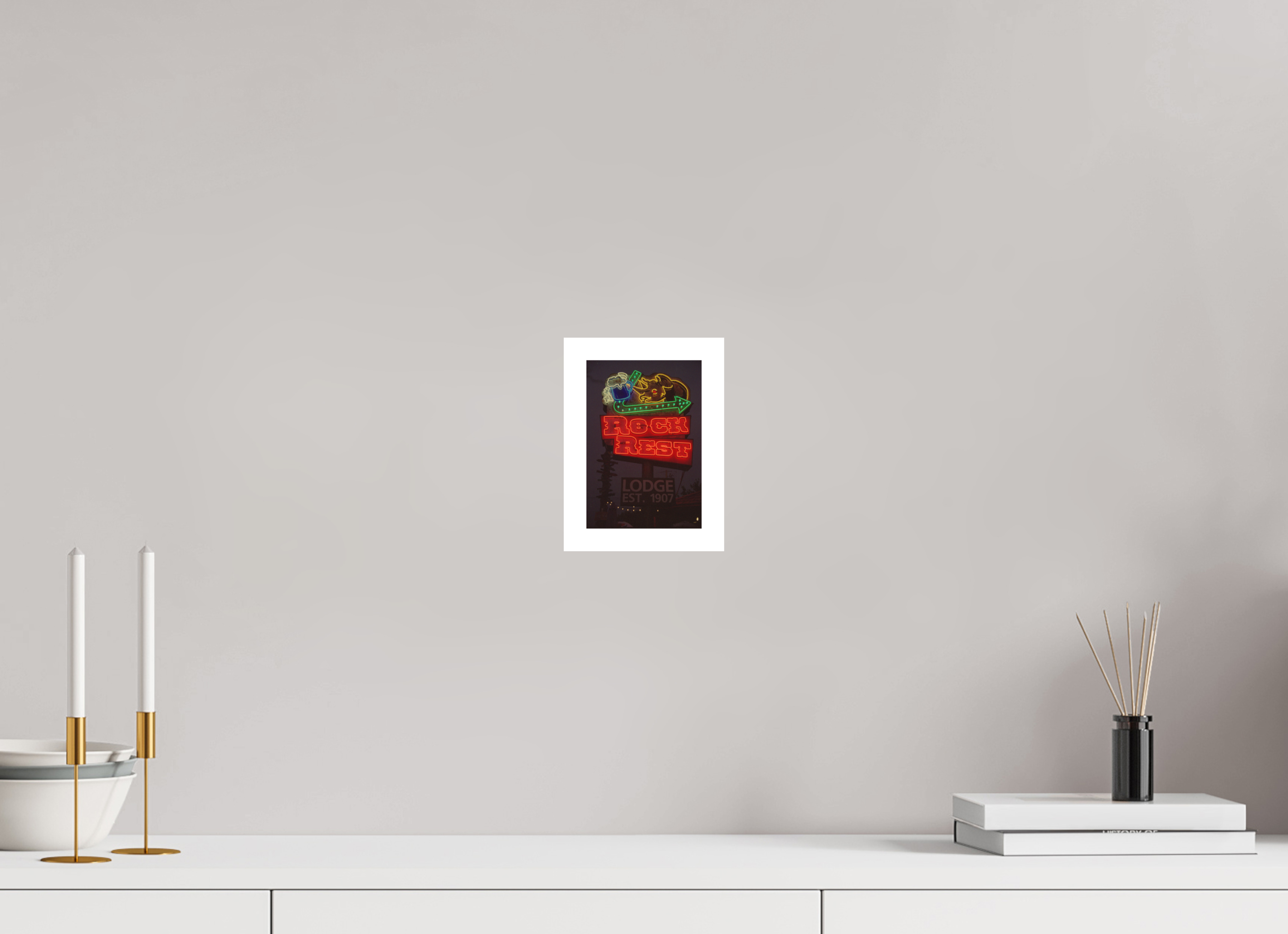 4 x 5.9″, Hahnemuhle Ultra Smooth Paper Rock Rest Lodge Neon Lights Photo Master-print