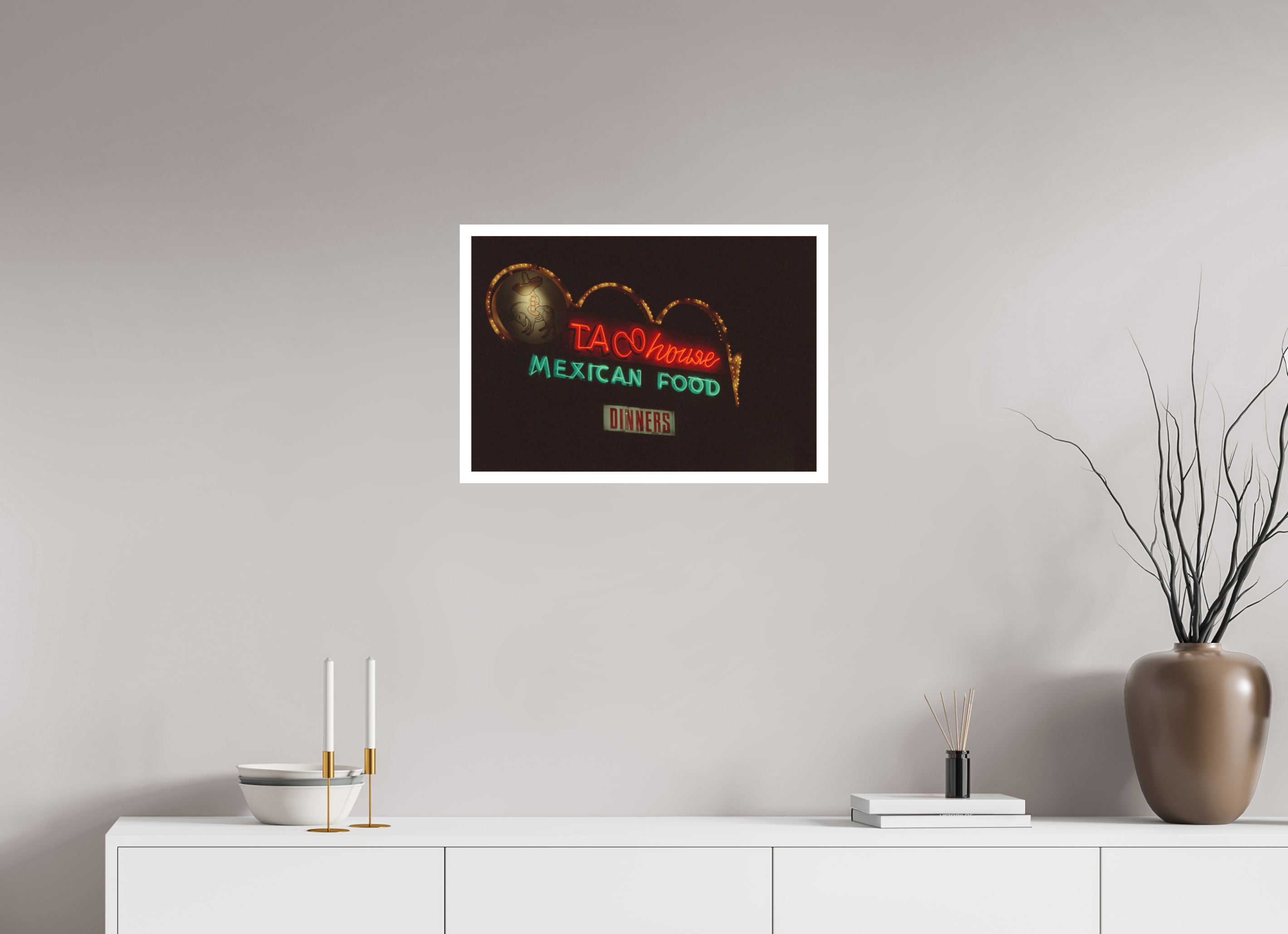23.4 x 16″, Premium Hahnemuhle Ultra Smooth Paper Taco House Neon Lights Photo Master-print