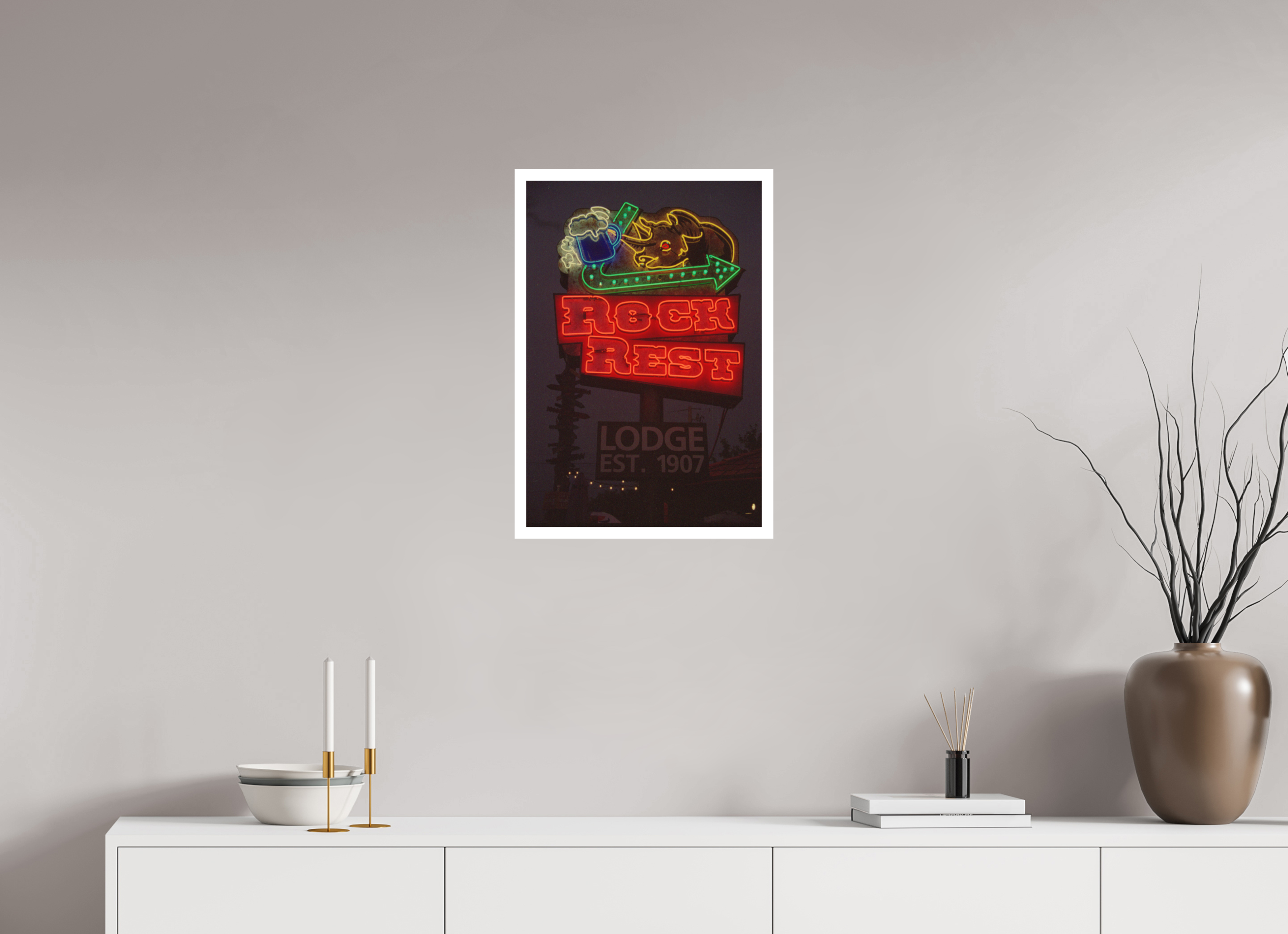16 x 23.5″, Hahnemuhle Ultra Smooth Paper Rock Rest Lodge Neon Lights Photo Master-print