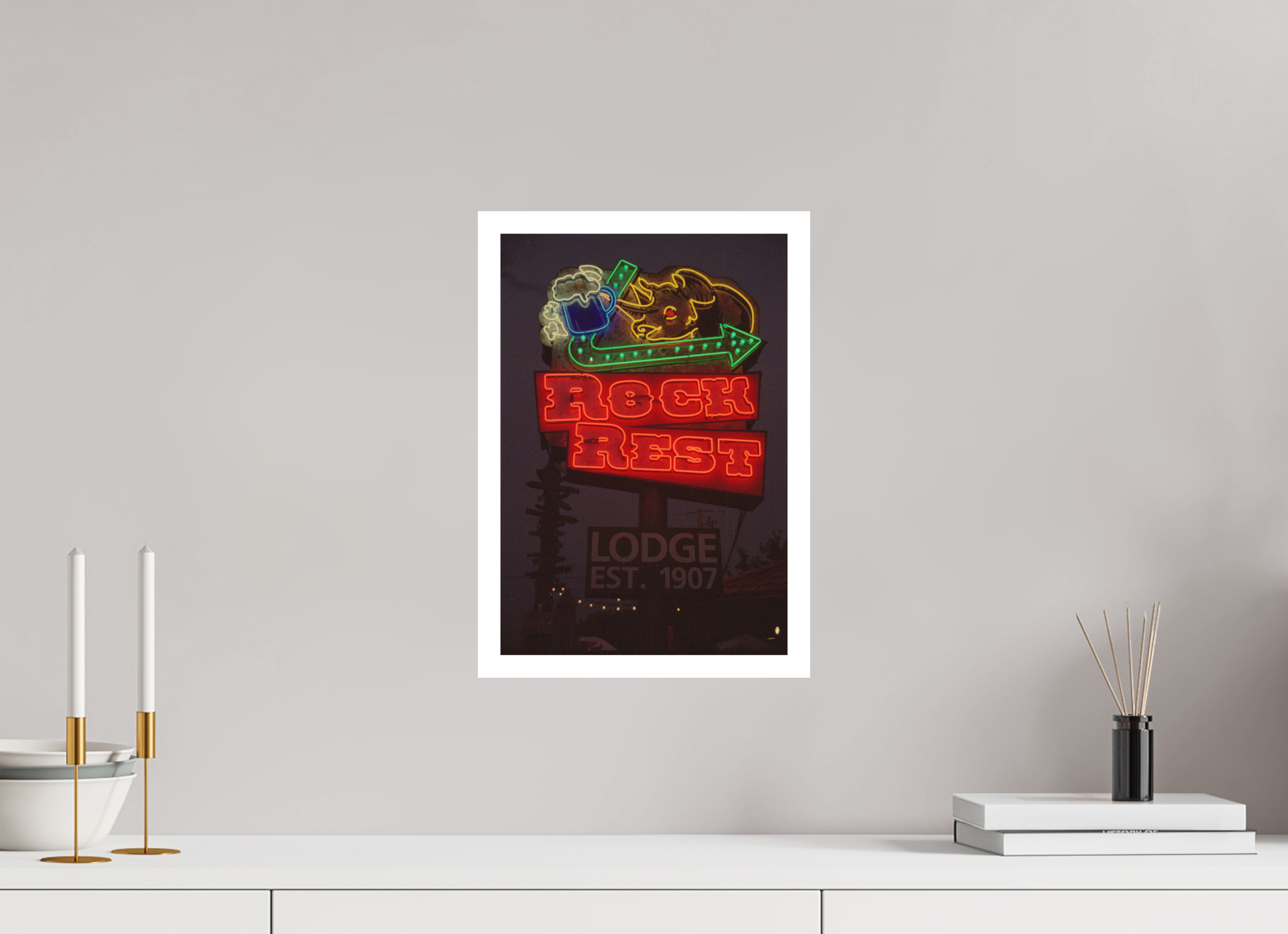 10 x 14.7″, Hahnemuhle Ultra Smooth Paper Rock Rest Lodge Neon Lights Photo Master-print