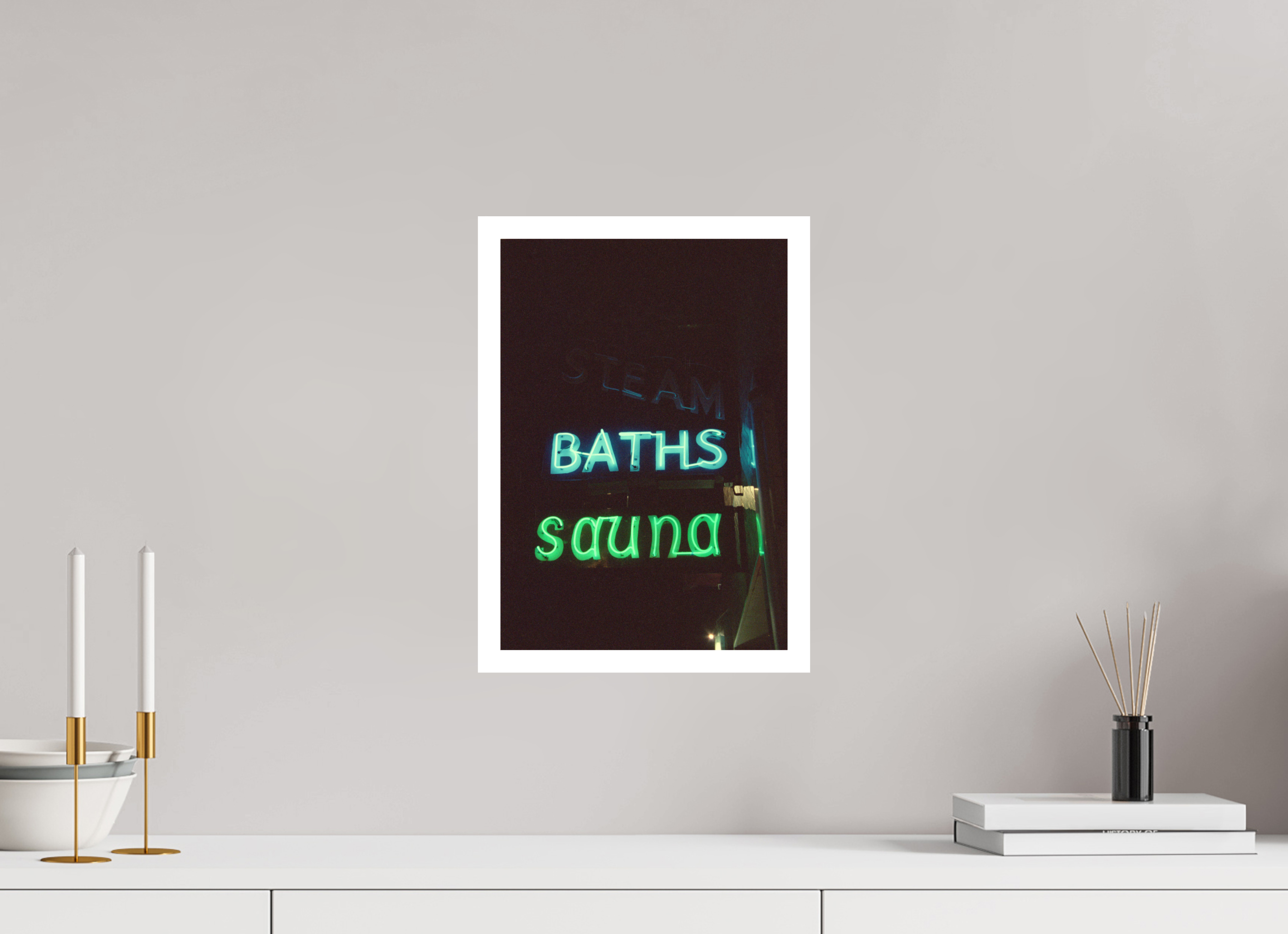 10 x 14.3″, Hahnemuhle Ultra Smooth Paper Lake Steam Baths Neon Lights Photo Masterprint