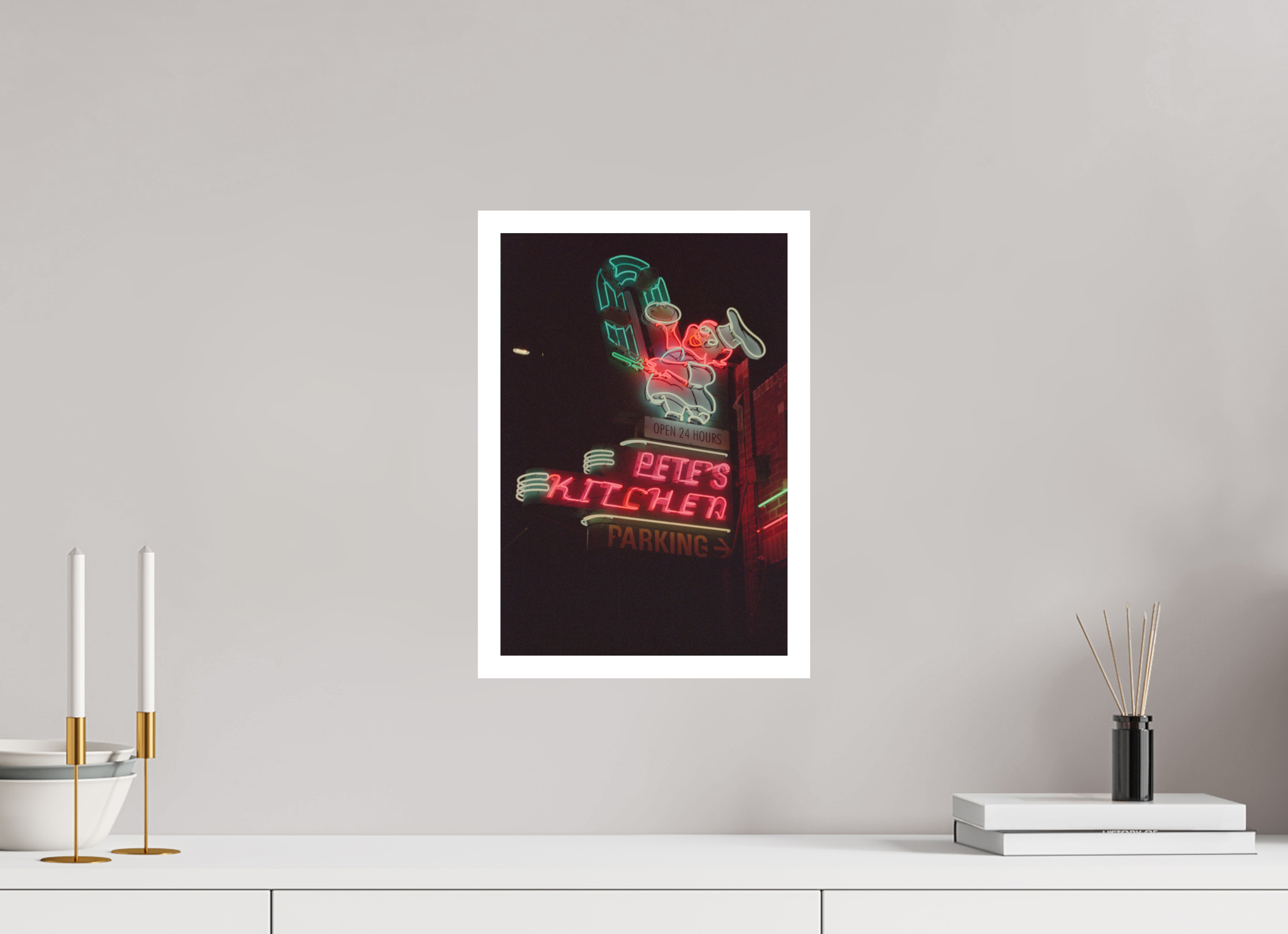 10 x 14.7″, Hahnemuhle Ultra Smooth Paper Pete’s Kitchen Neon Lights Photo Master-print