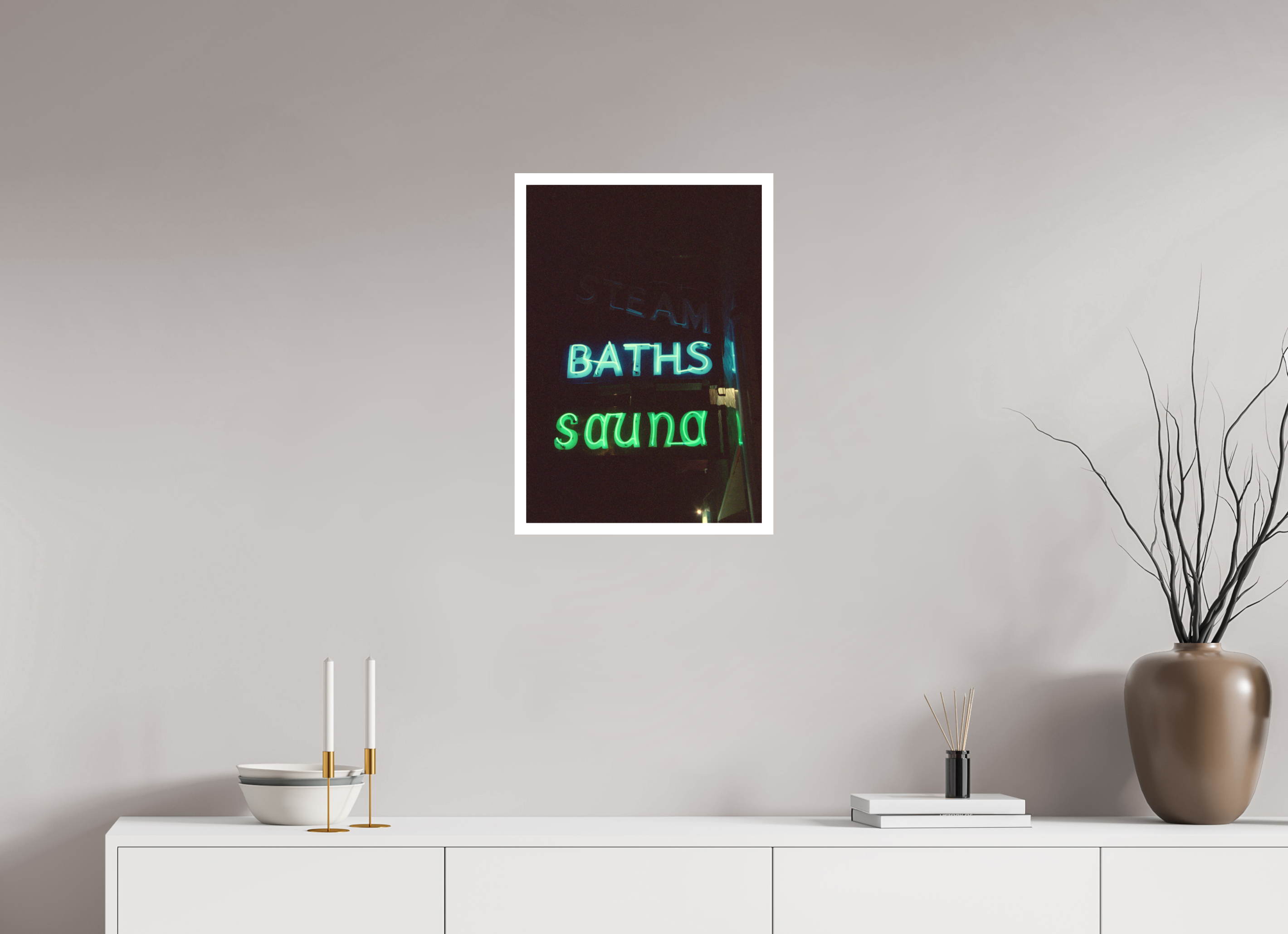 16 x 23″, Hahnemuhle Ultra Smooth Paper Lake Steam Baths Neon Lights Photo Masterprint