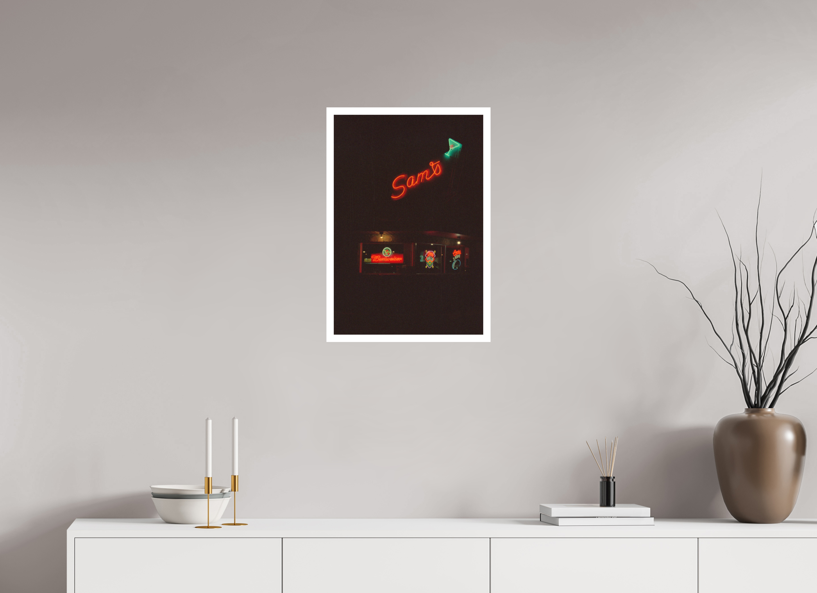 16 x 23.5″, Hahnemuhle Ultra Smooth Paper Sam’s Bar and Lounge Neon Lights Photo Master-print