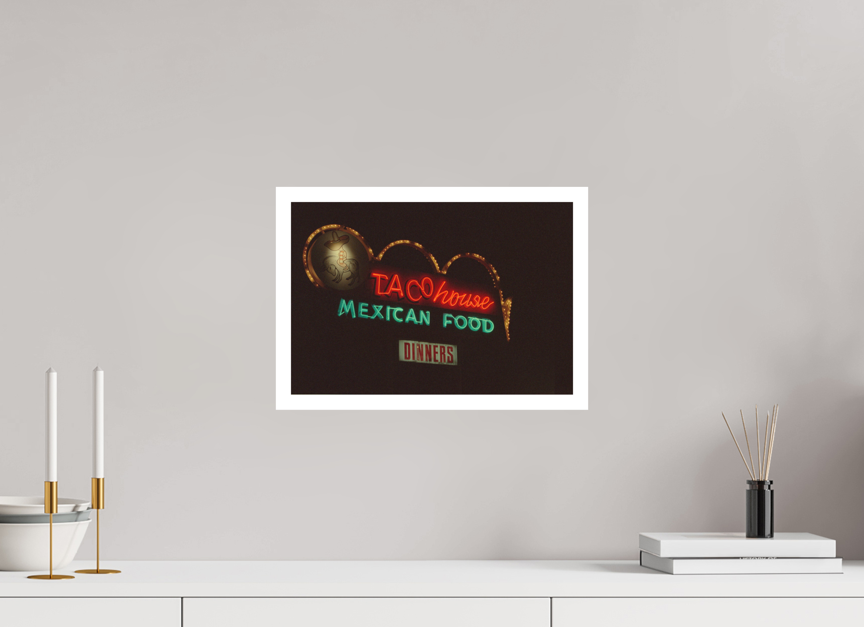 14.6 x 10″, Premium Hahnemuhle Ultra Smooth Paper Taco House Neon Lights Photo Master-print