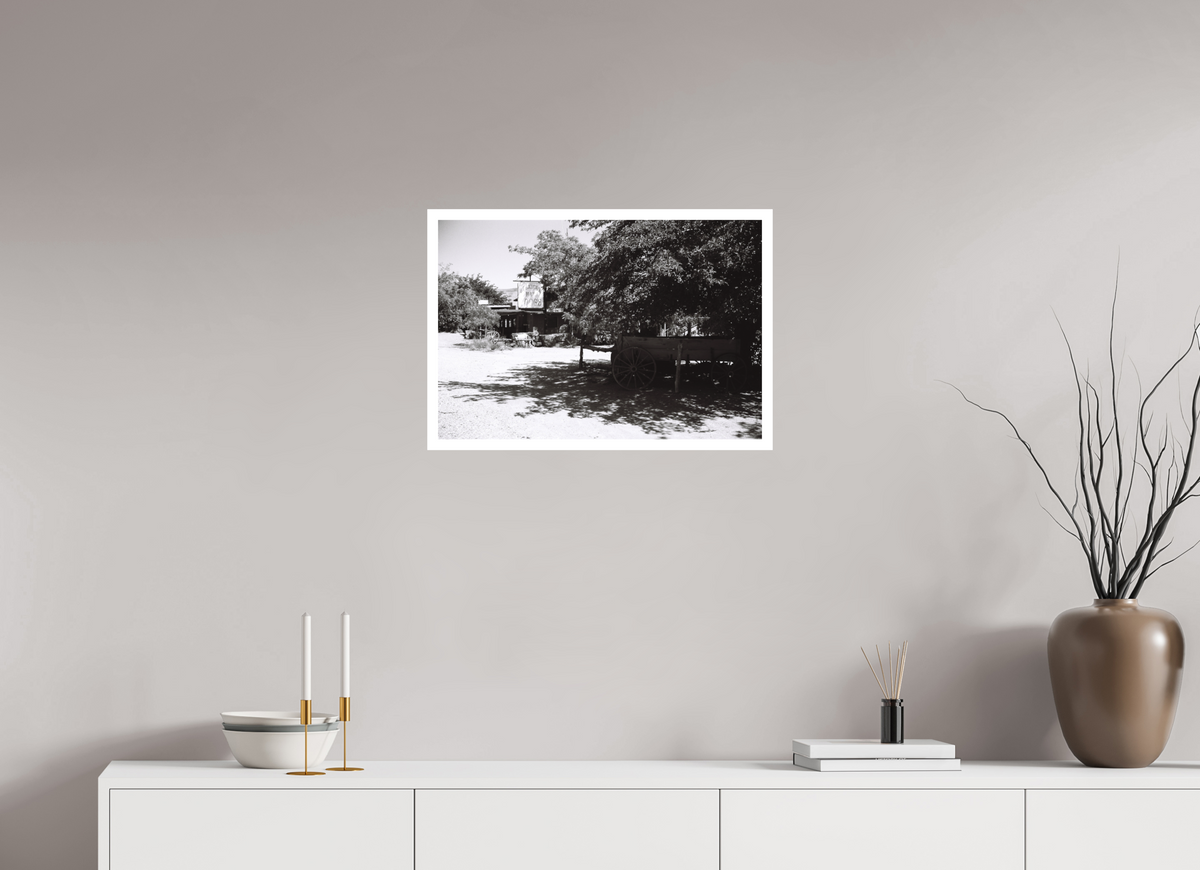 35mm black and white photograph print of a rustic lodge in Mexican Hat Utah 